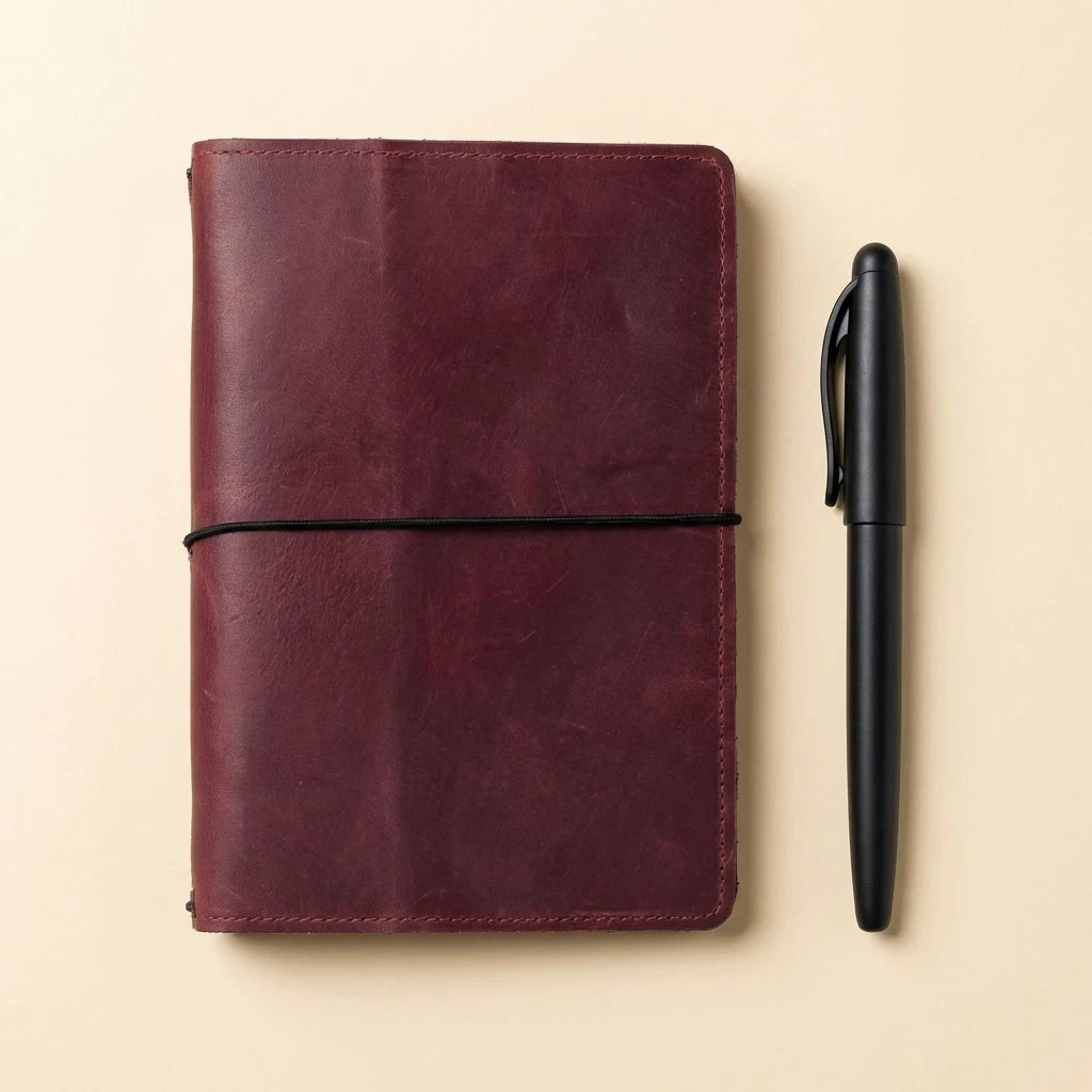 Maroon leather notebook with a black pen on a beige background