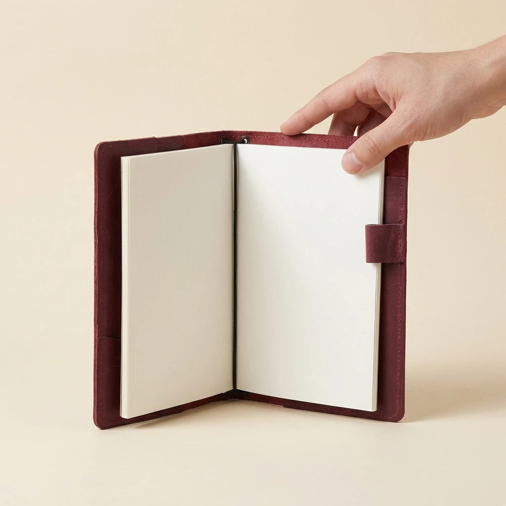 Hand holding a open notebook with a maroon cover on a beige background