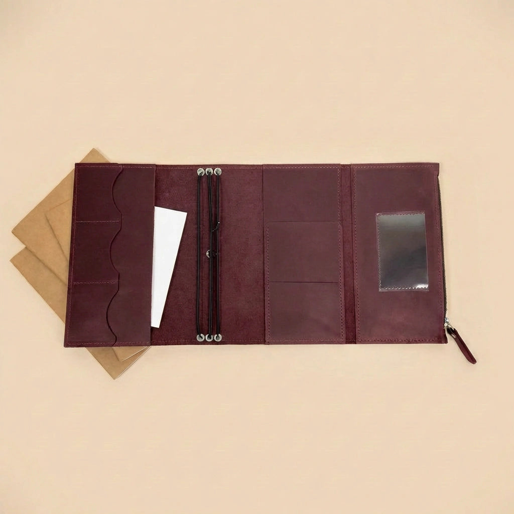 Brown leather journal cover with multiple compartments on a beige background