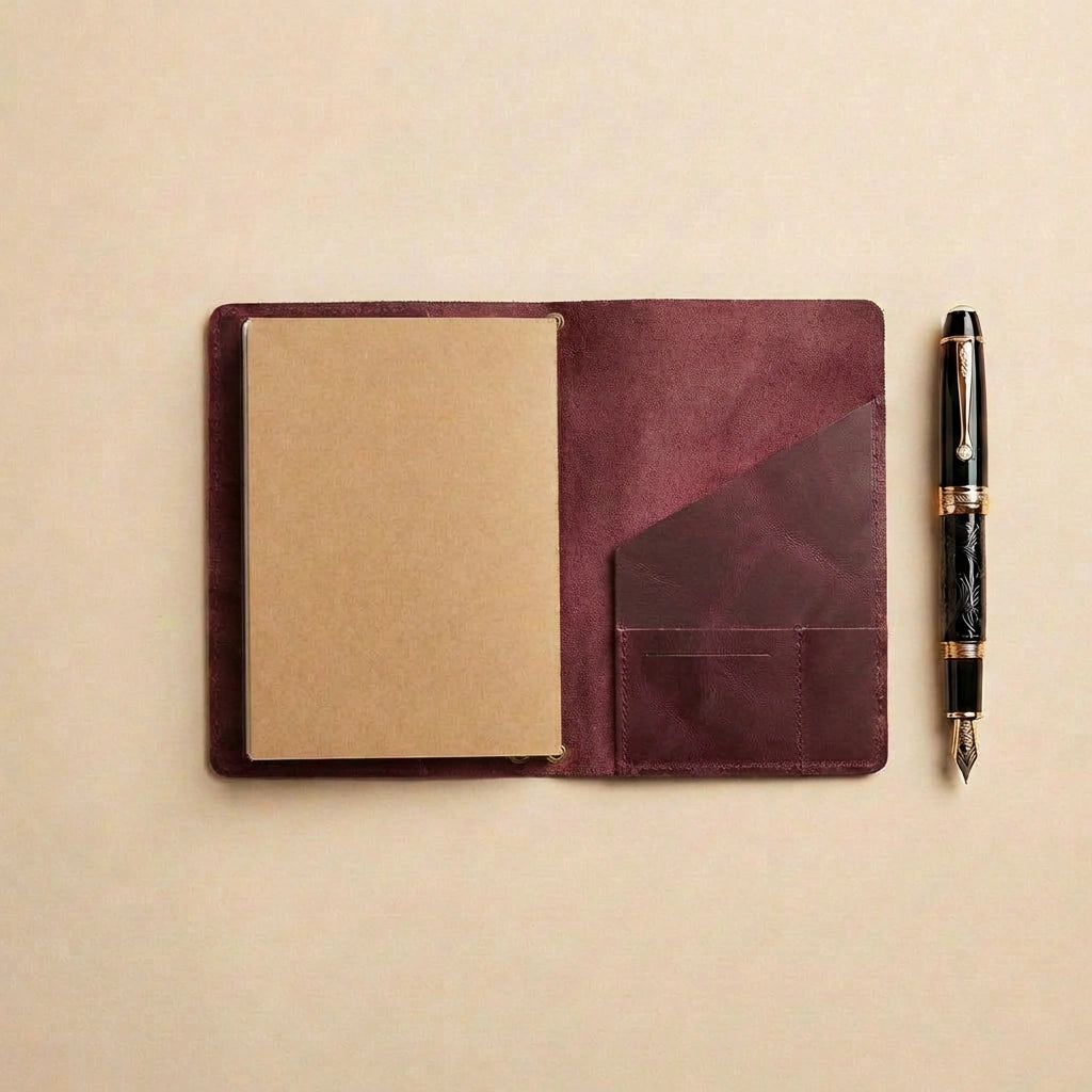 Brown leather notebook with a pen on a beige background