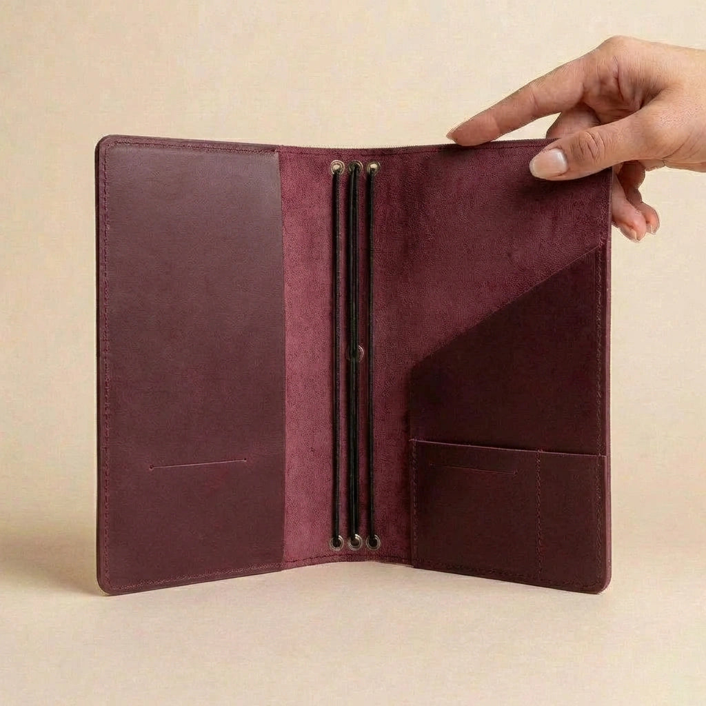 Brown leather wallet held open by a hand on a beige background