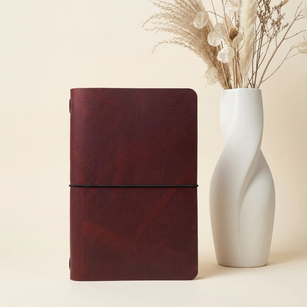 Handcrafted cover displaying the journal spine held by a flexible elastic loop.