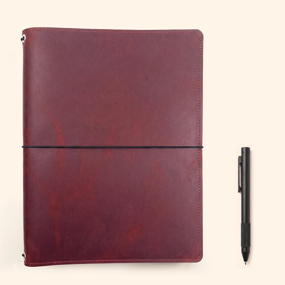 Genuine leather sketchbook organizer featuring three stretch bands and useful inner storage.