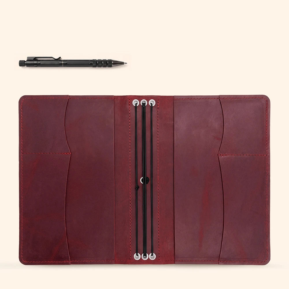 Premium leather notebook protector offering practical storage and elegant handcrafted details.