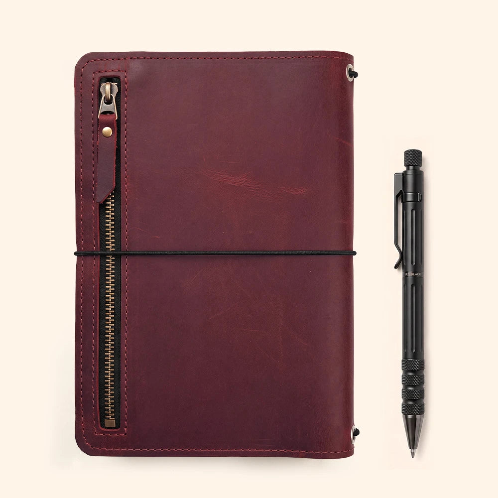 Handmade notebook portfolio with genuine leather construction and organized document compartments.