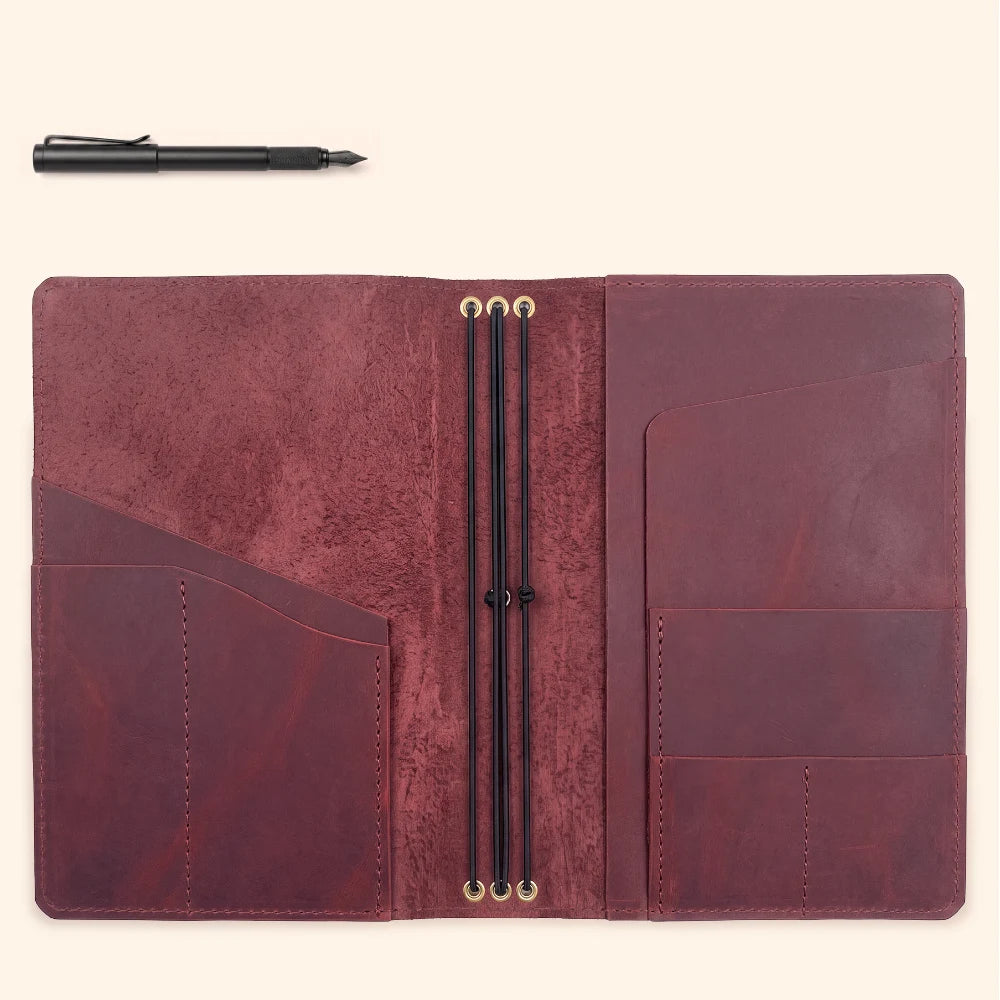 Reusable leather journal cover designed to adapt to three different notebook inserts.