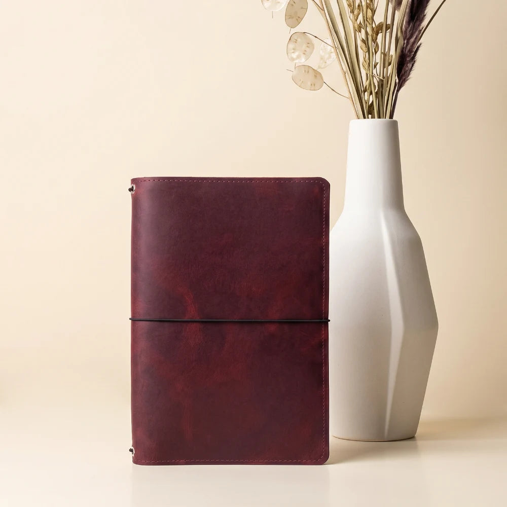 Natural leather notebook wrap with elastic attachment points for three paper sections.