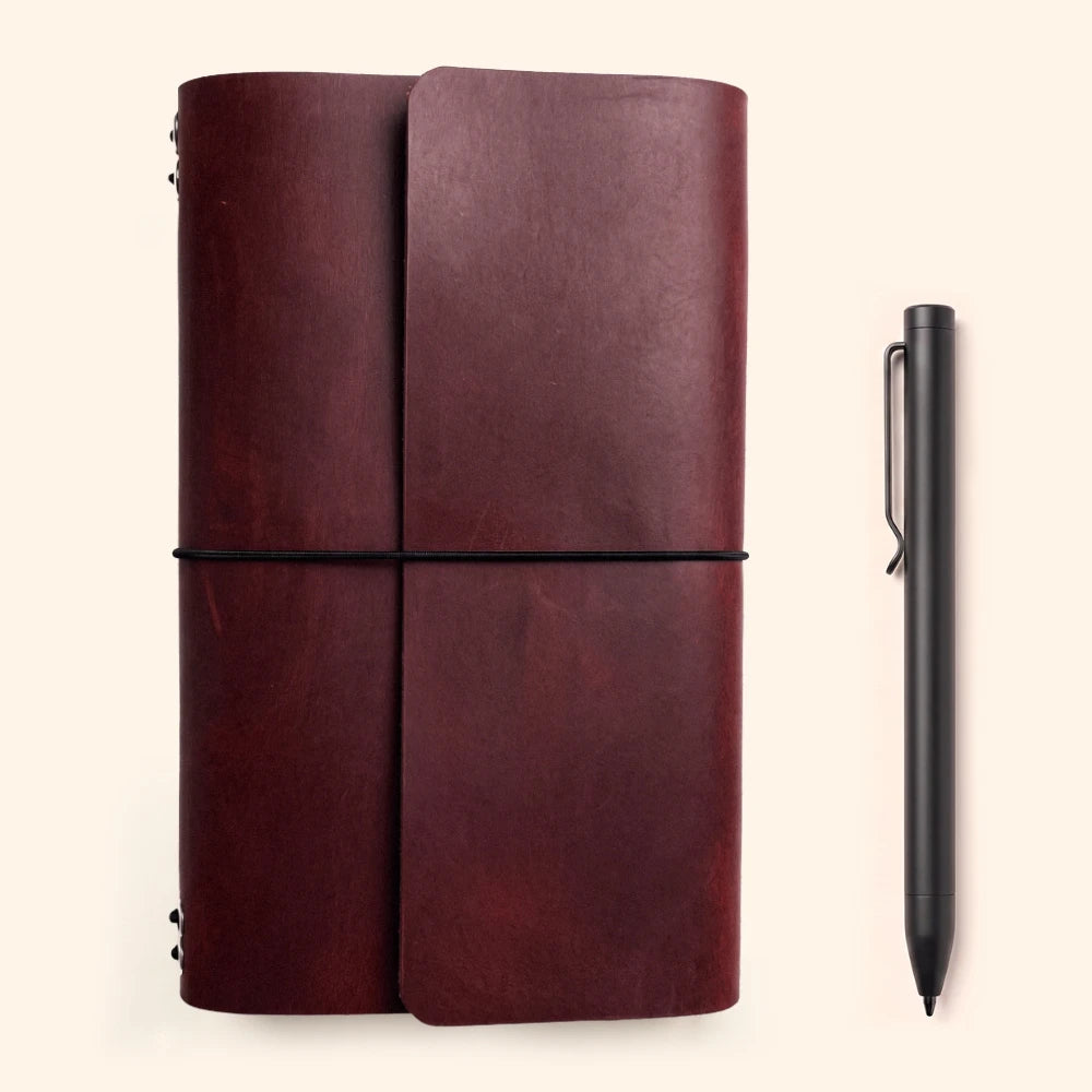 Leather journal portfolio designed around six elastic cords for interchangeable writing inserts.