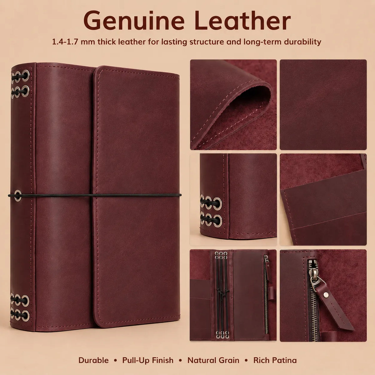 Genuine burgundy leather cover with six elastic straps, storage pockets, zipper compartment, and pen holder.