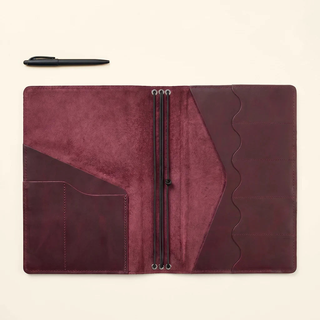 Refillable leather notebook displaying natural grain and artisan craftsmanship.
