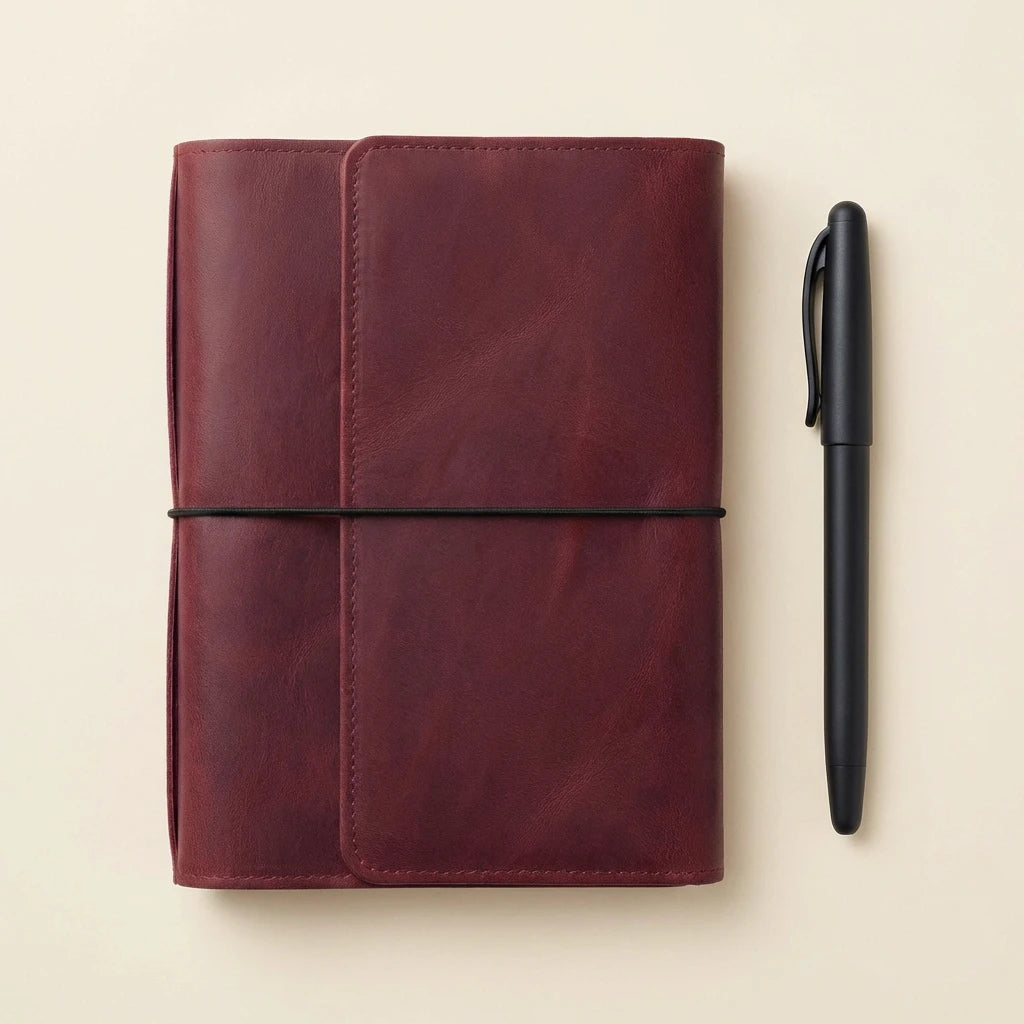 Brown leather notebook with a black pen on a beige background