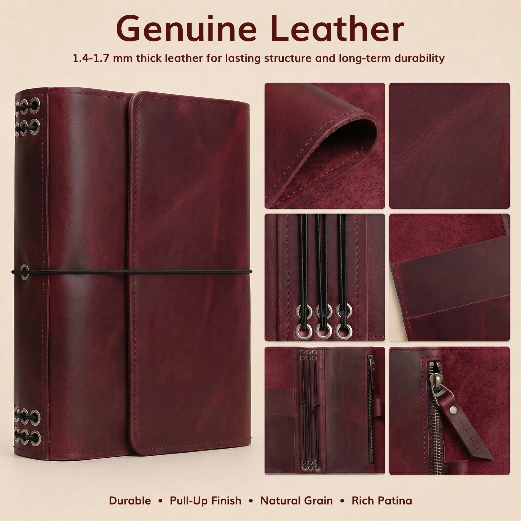 Custom engraved leather journal cover with refillable inserts and storage compartments