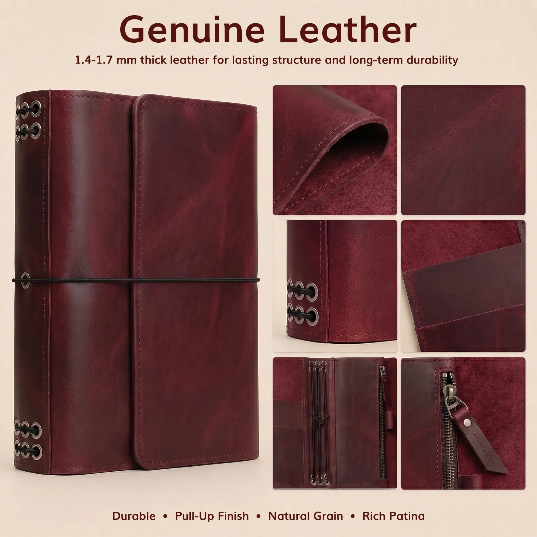 Premium handcrafted leather notebook cover featuring refillable design, elastic straps, and storage compartments.