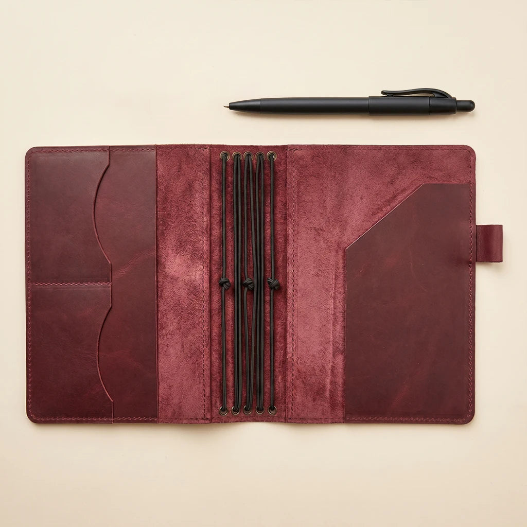 Refillable leather notebook case with five elastic straps and inner compartments