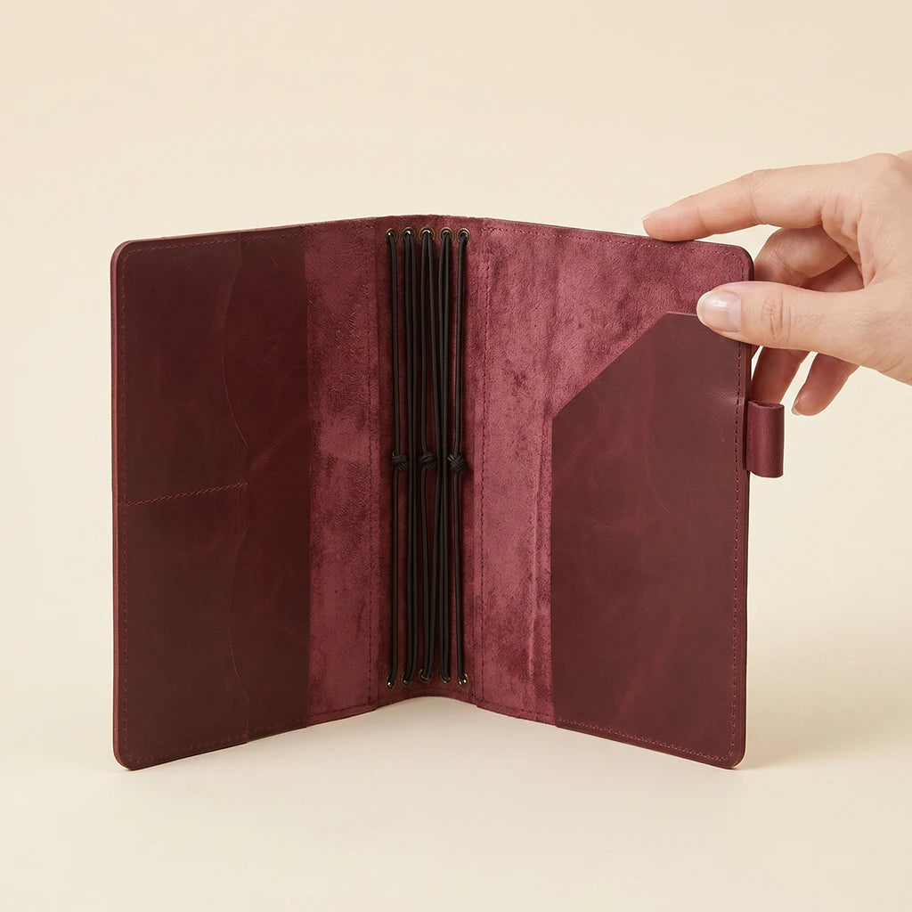 Genuine leather notebook organizer with pen loop and refillable elastic layout