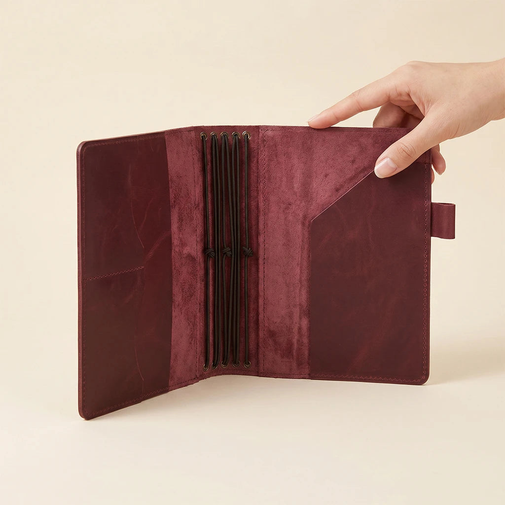 Handmade leather journal organizer with secure elastics and functional interior