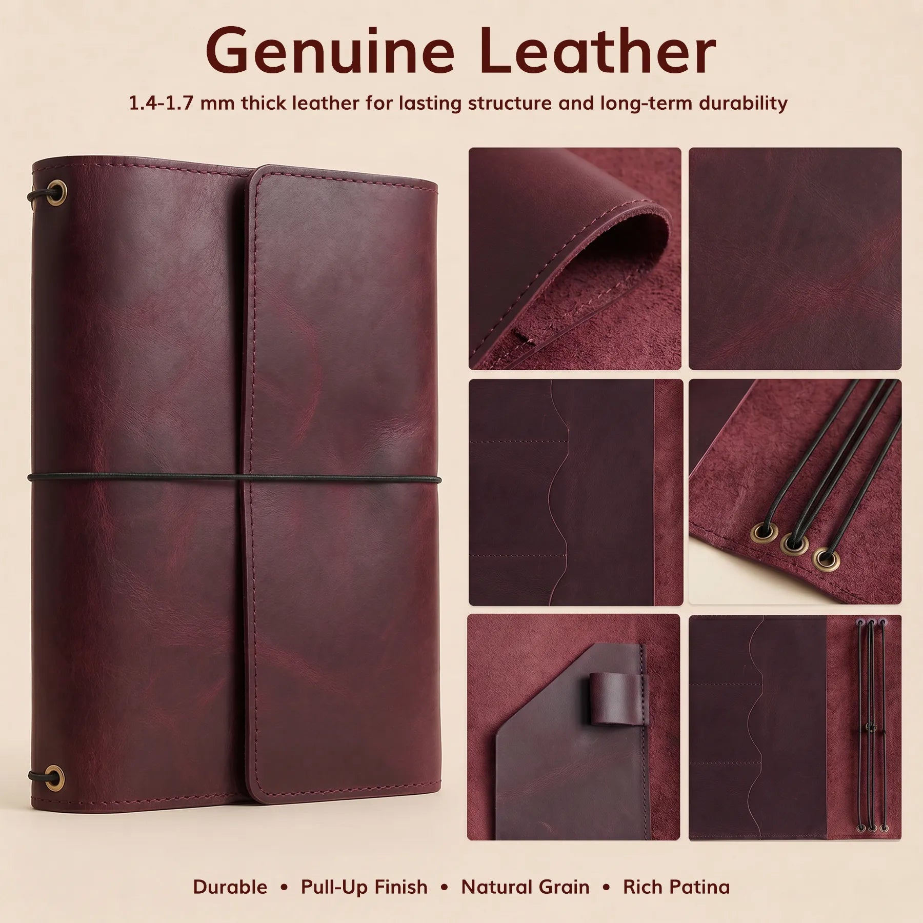 Custom leather notebook organizer featuring pen holder and elastic inserts