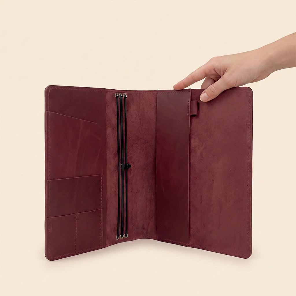 Leather journal case offering organized storage for notebooks, cards, and writing essentials.