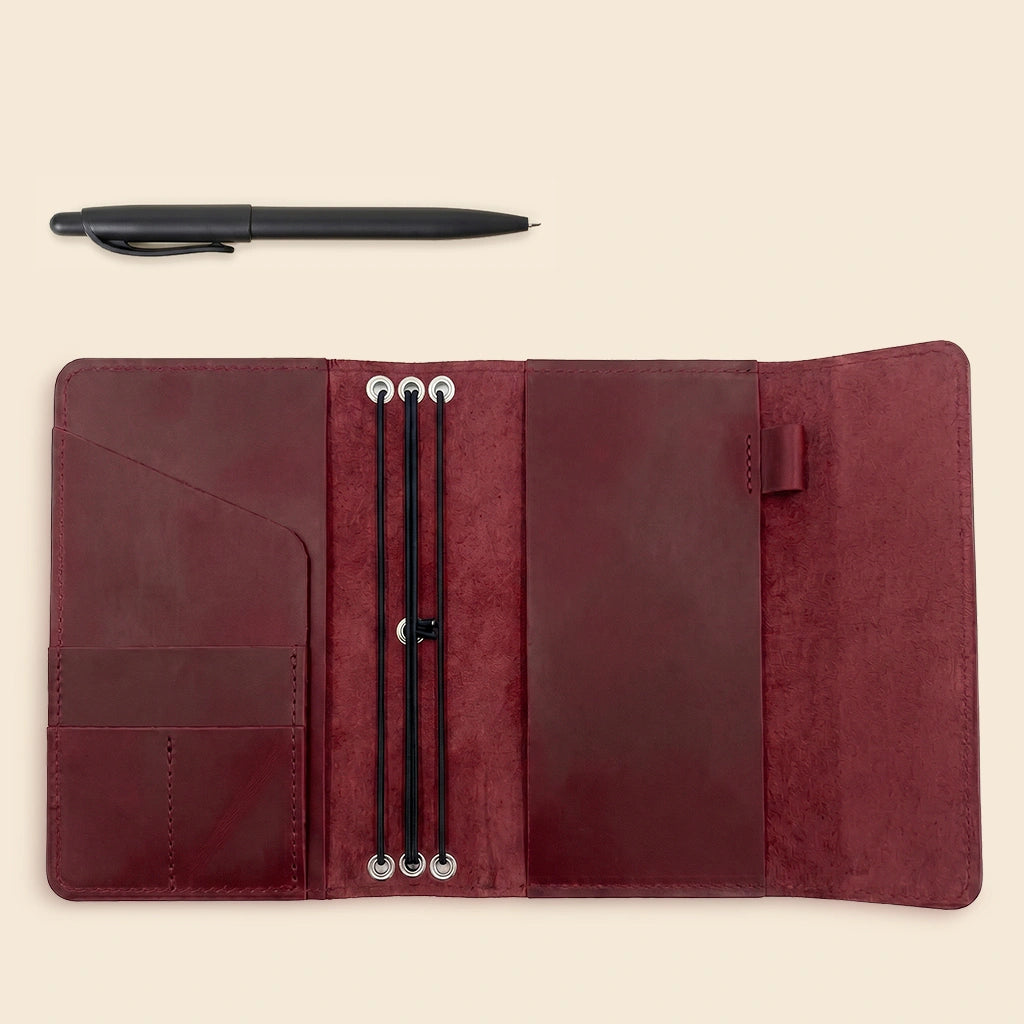 Natural leather notebook cover built for refillable journals and daily organization.