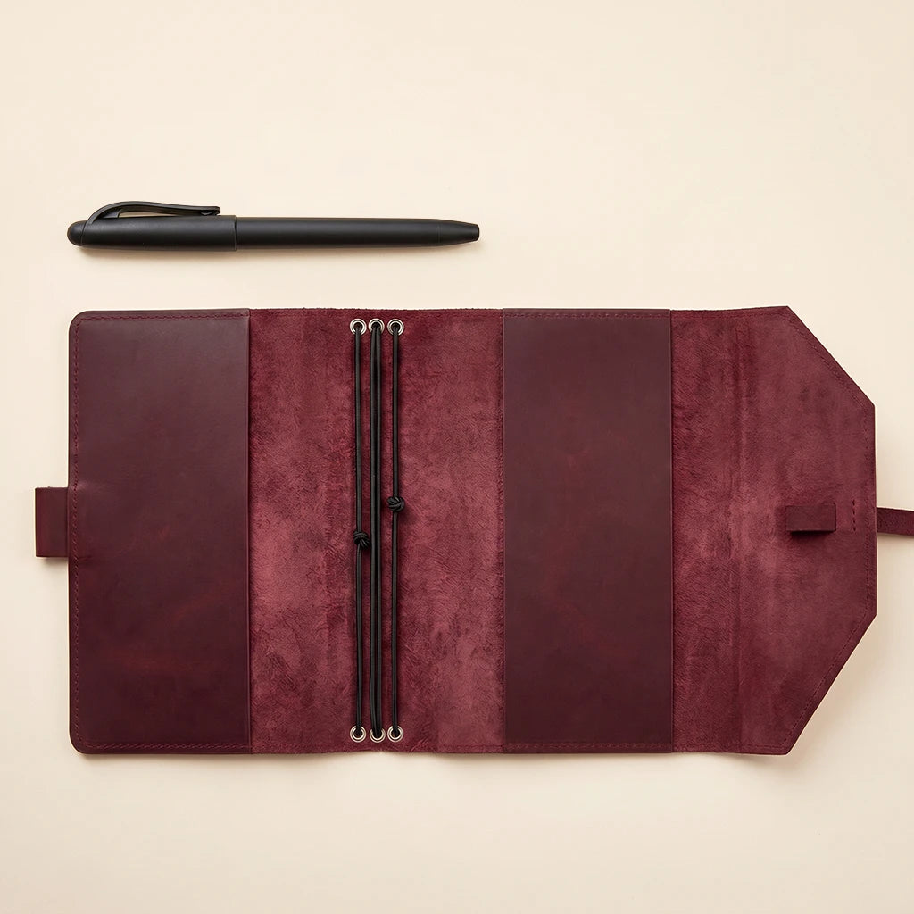 Refillable leather journal sleeve secured with elastic bands and pen holder.