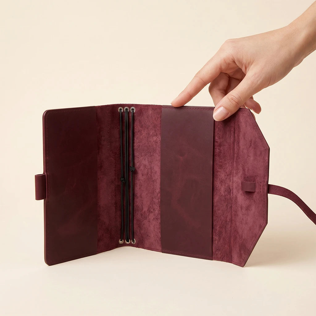 Premium leather notebook cover with secure elastic closure and pen loop.