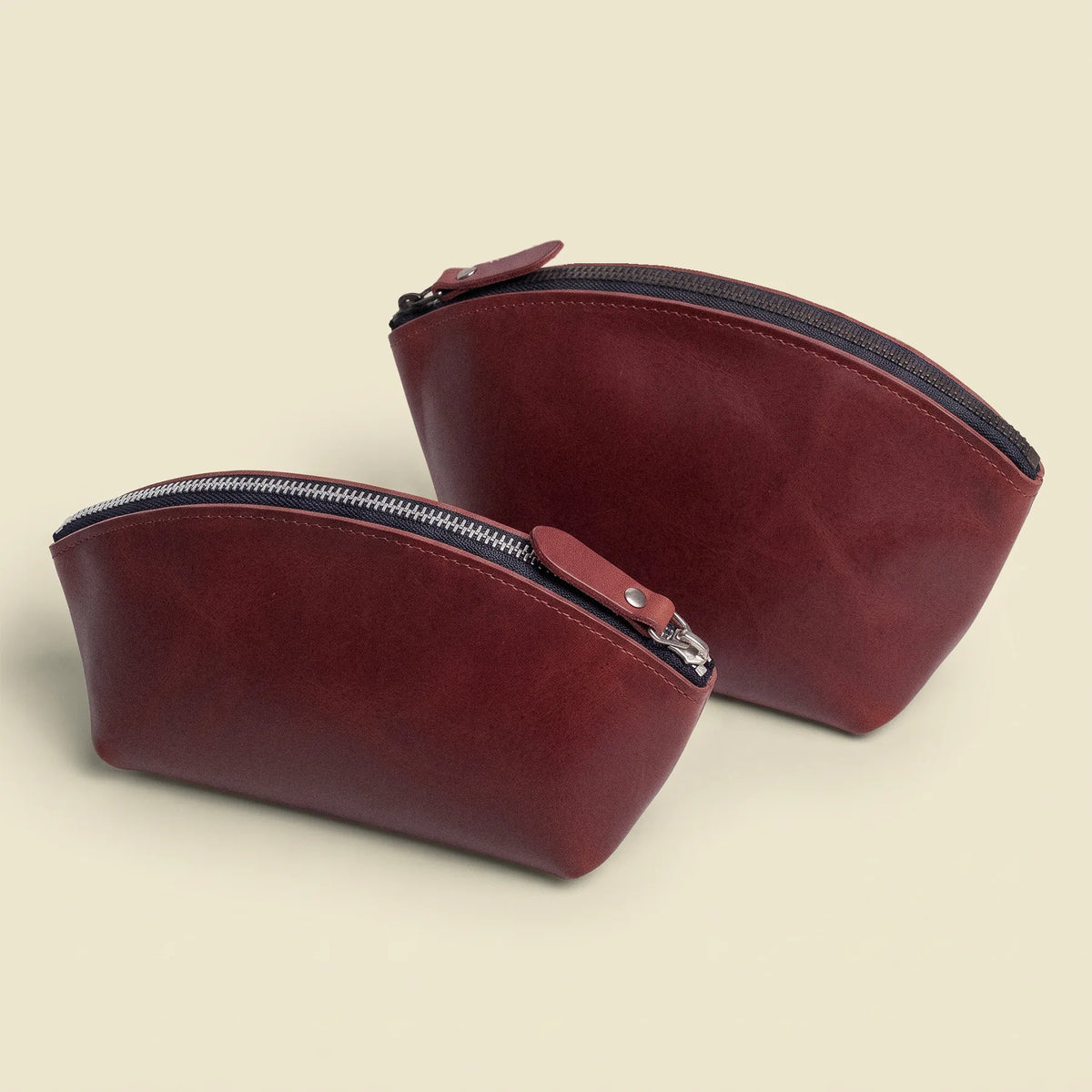 Genuine leather toiletry case with zipper closure for makeup and personal essentials