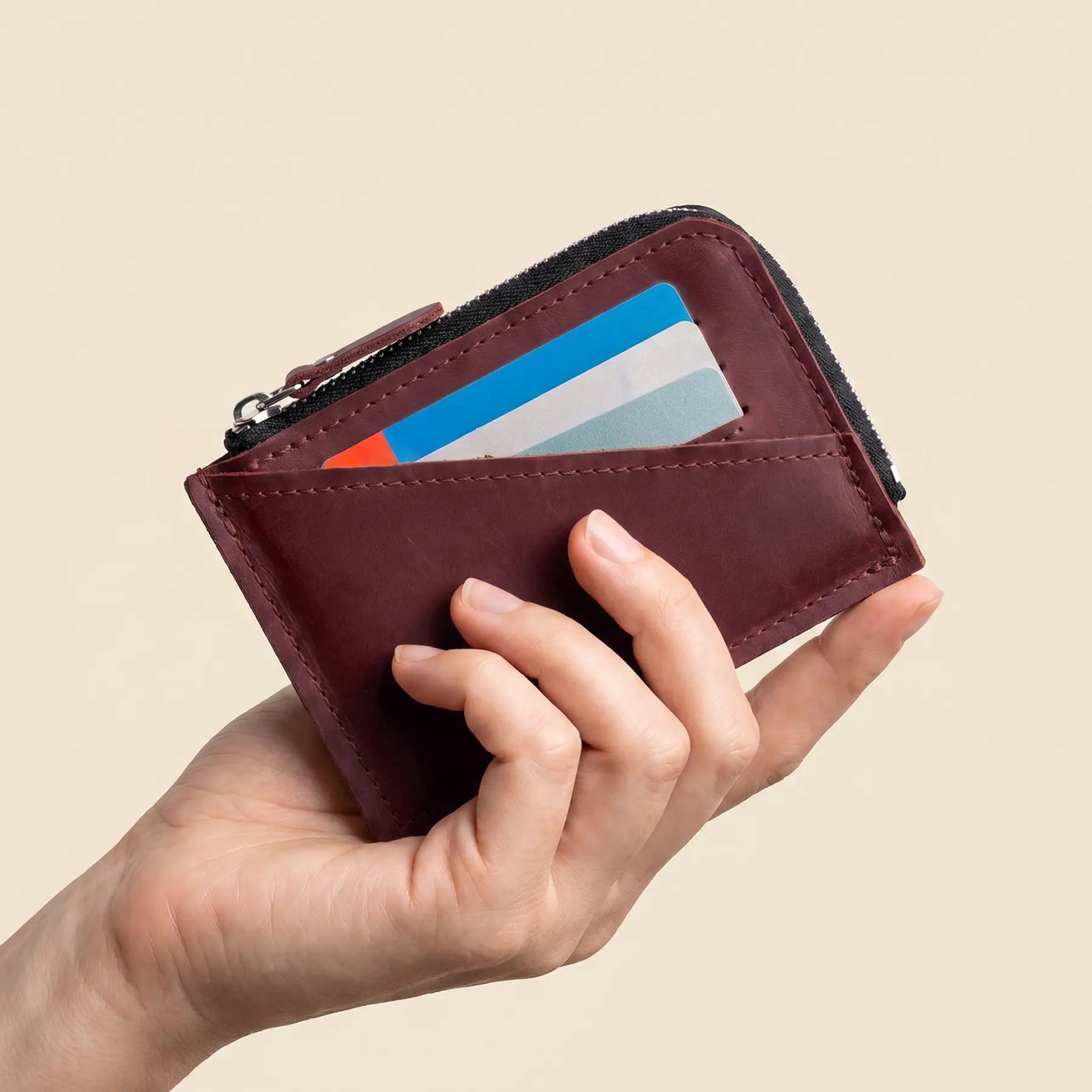 Minimal leather zipper wallet made from premium genuine leather with handcrafted attention to detail.