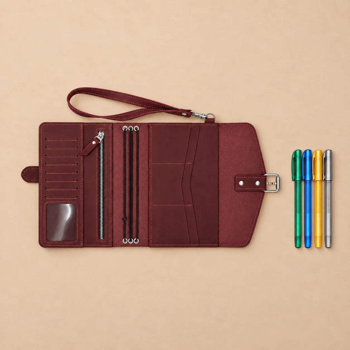 Premium Crazy Horse leather journal cover featuring inner pockets and wrist carrying strap