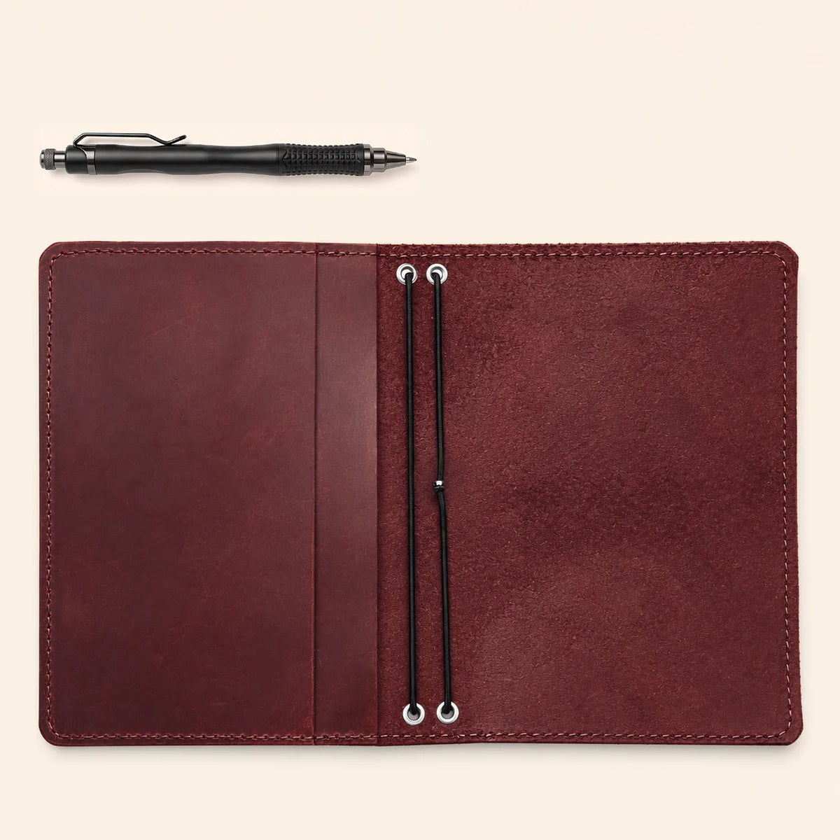 Handcrafted natural leather planner case with paired elastic bands and integrated inner compartments