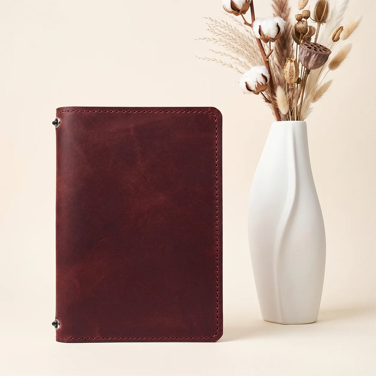 Handmade natural leather cover with two elastic bands for secure notebook storage