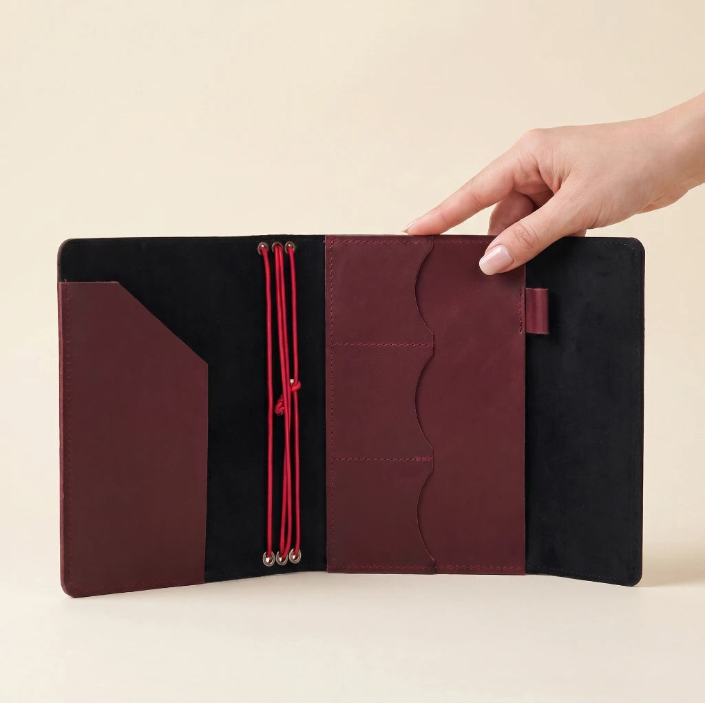 Reusable leather notebook cover with elastic bands and organizer style interior design