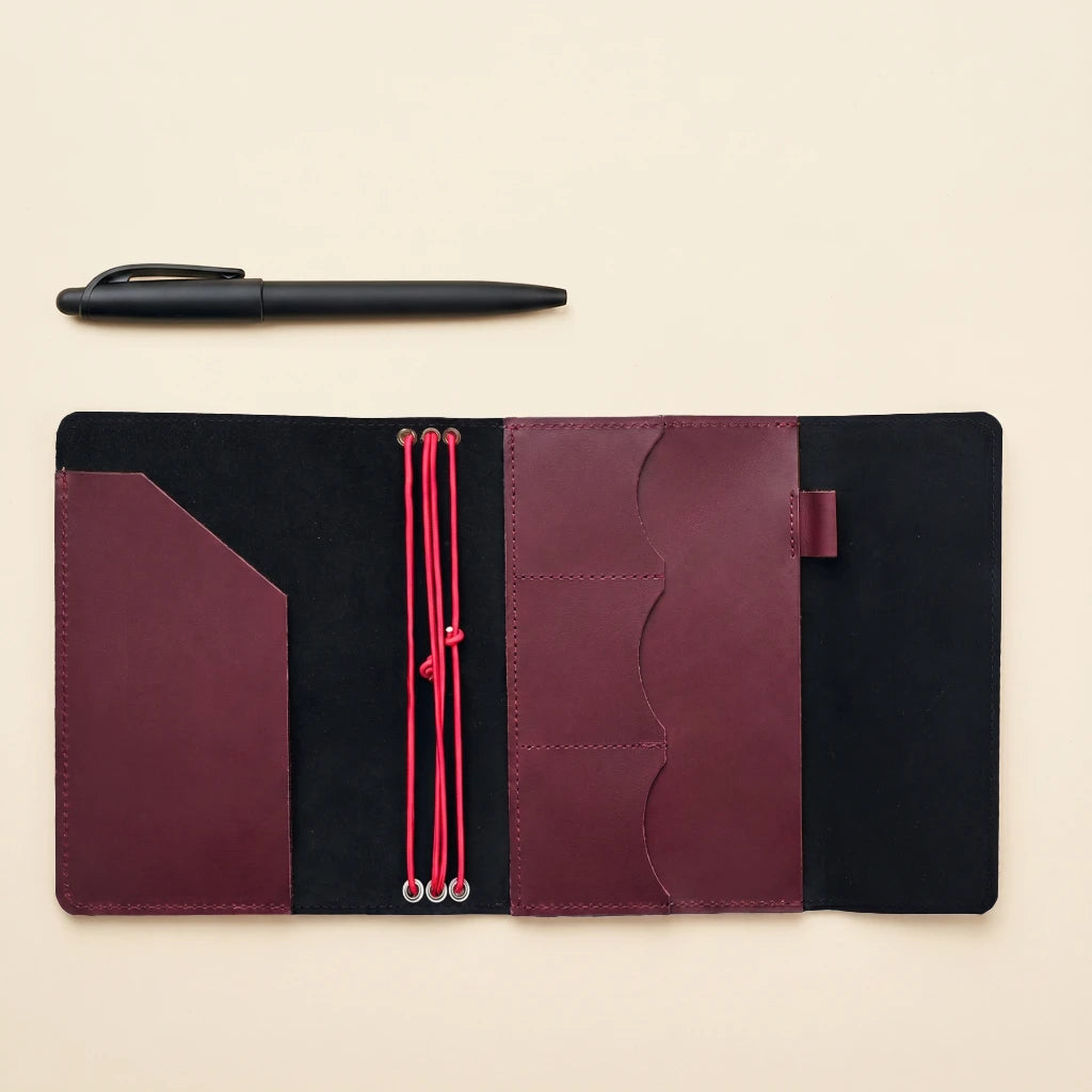 Leather planner cover with elastic bands and handcrafted minimalist style