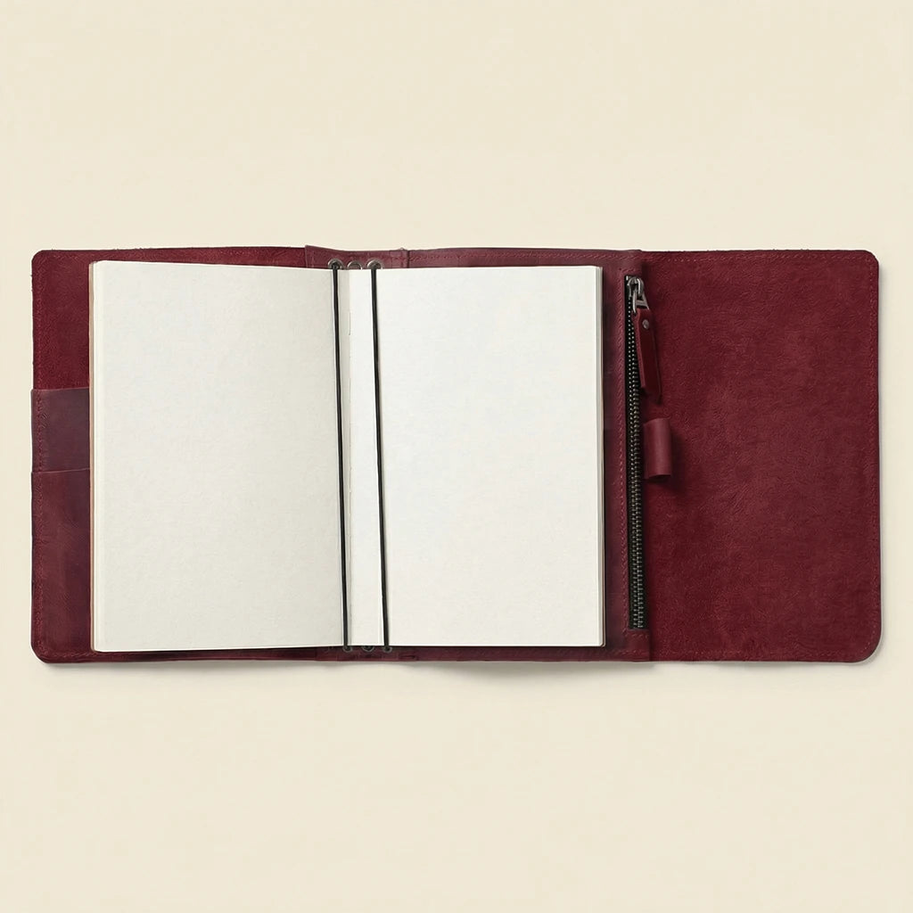 Open red leather notebook with white pages on a beige background