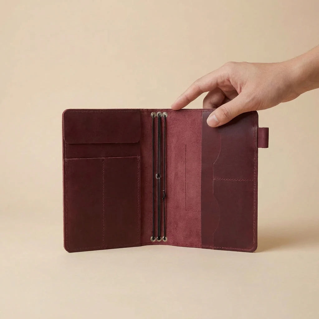 Brown leather journal cover held open by a hand on a beige background