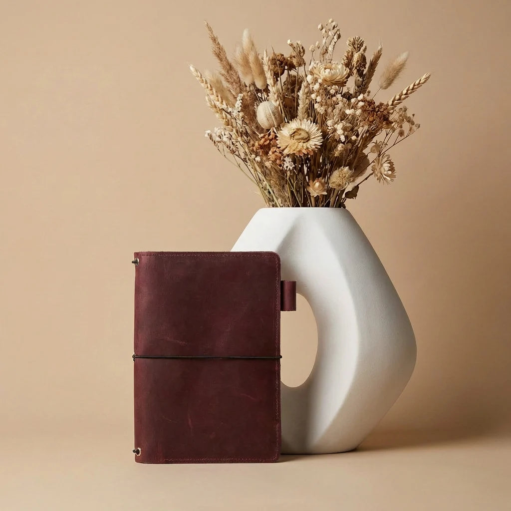 Brown leather notebook next to a white vase with dried flowers on a beige background