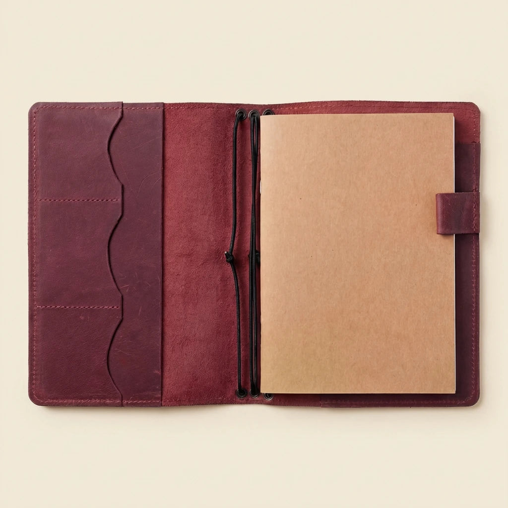 Open leather notebook with beige pages on a beige background