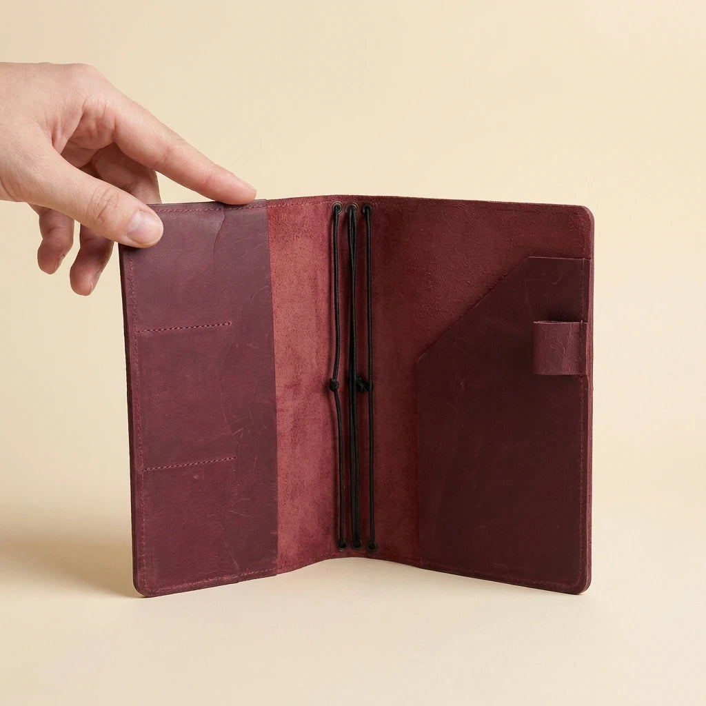 Brown leather journal held open by a hand on a beige background