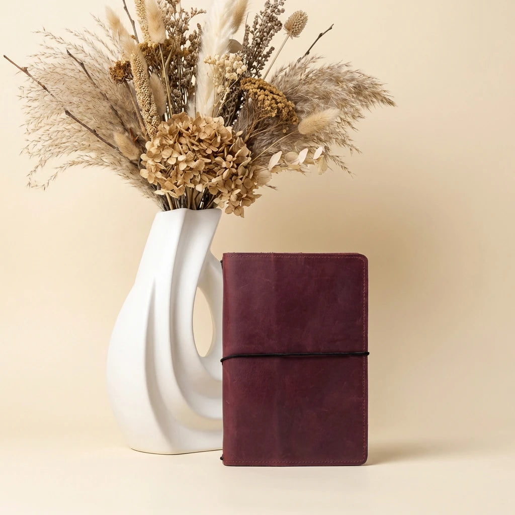 Purple notebook next to a white vase with dried flowers on a beige background