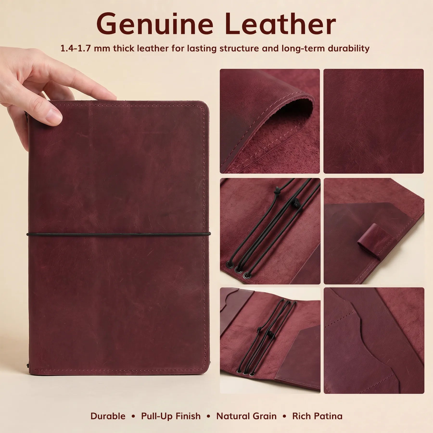 Leather journal organizer with elastic notebook bands and custom engraving option