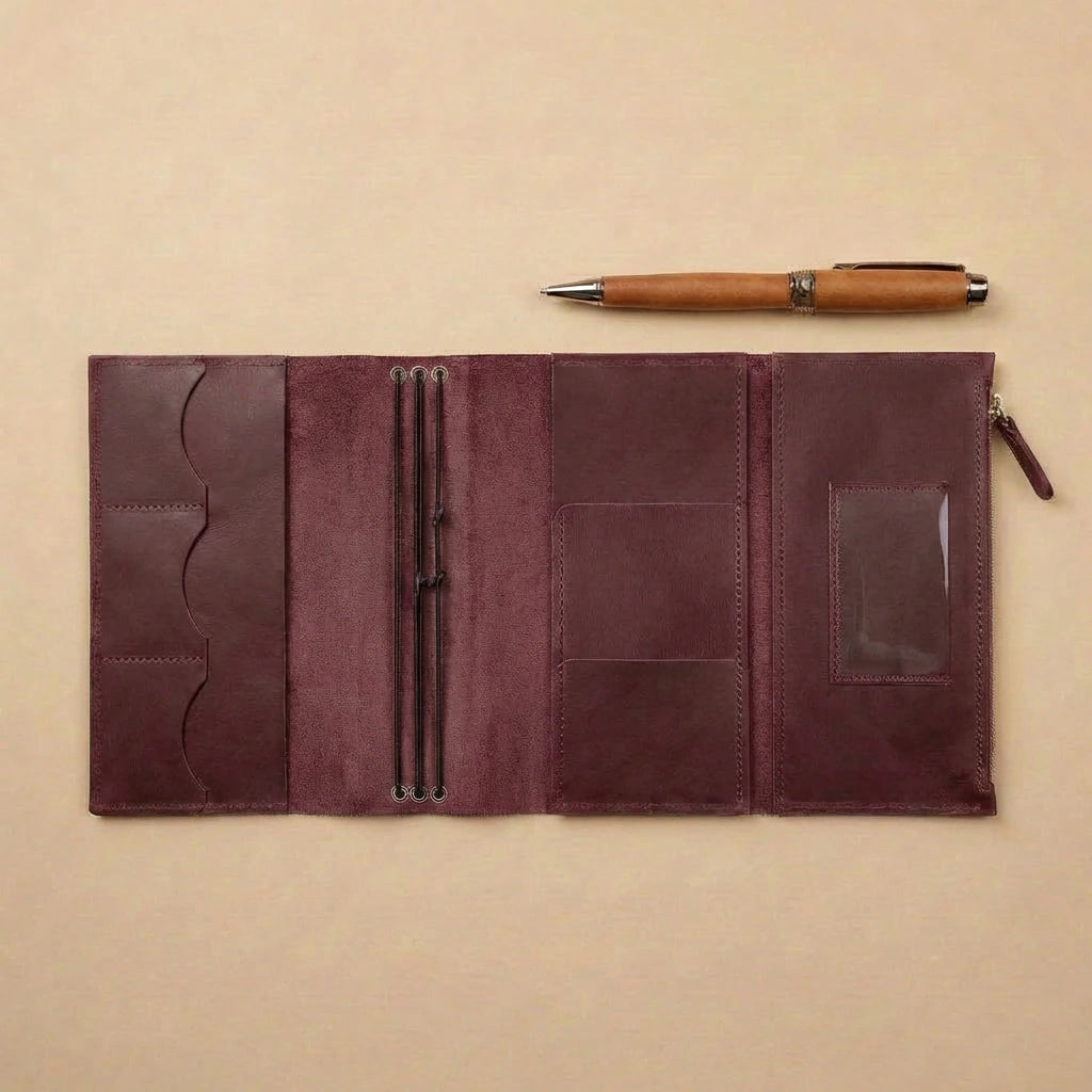 Brown leather journal cover with pen on a beige background