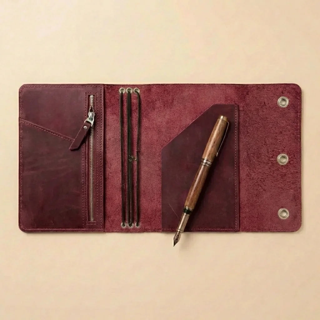 Brown leather journal with a pen on a beige background