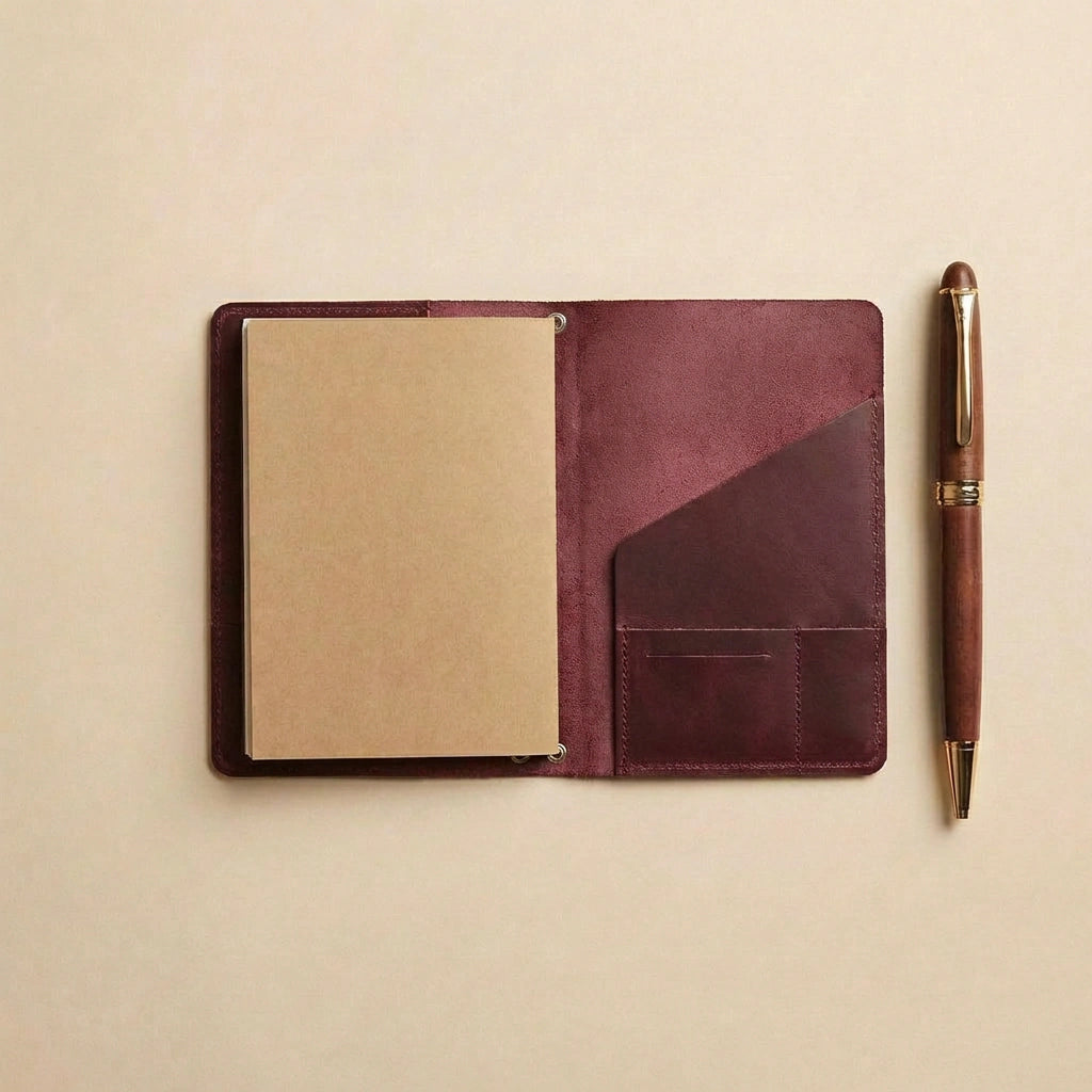 Brown leather notebook with a pen on a beige background