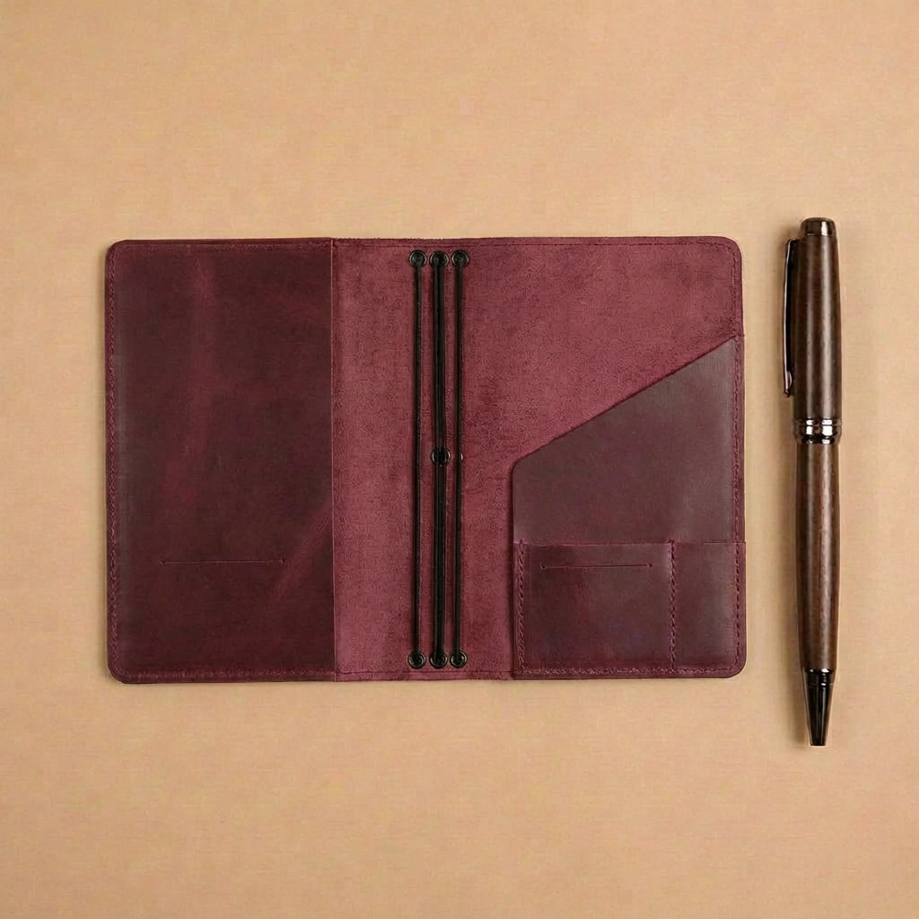 Brown leather notebook with pen on a beige background