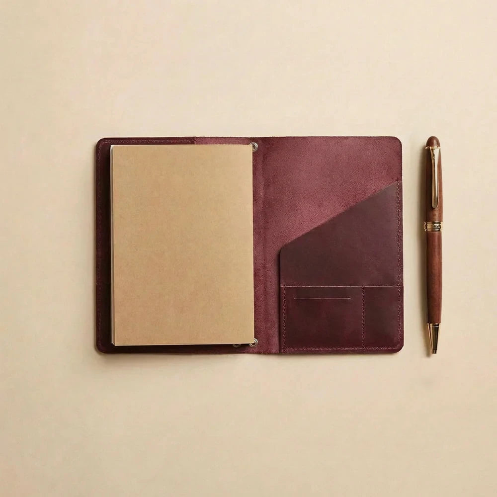 Premium leather notebook cover with refillable elastic system and built-in organizer pockets.