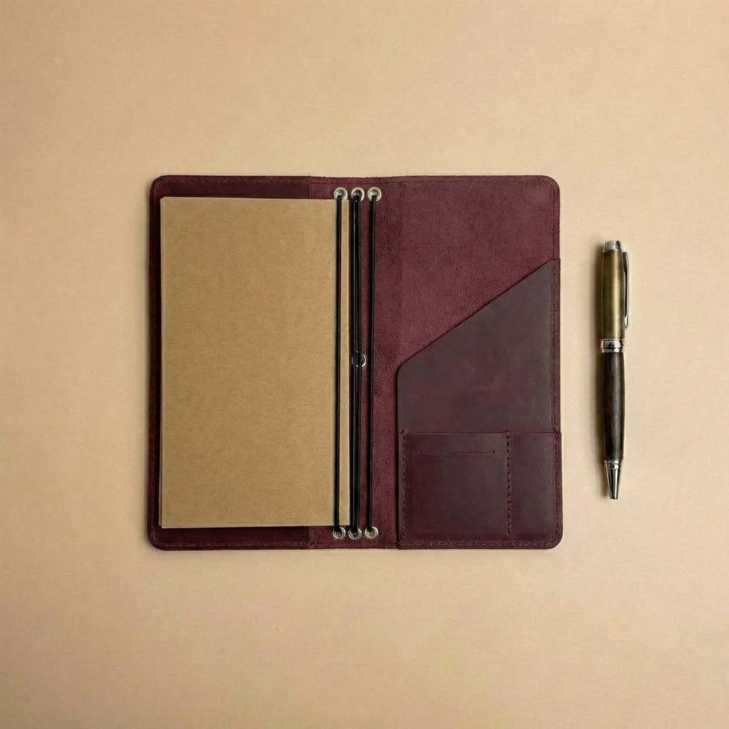 Brown leather notebook with pen holder and a pen on a beige background