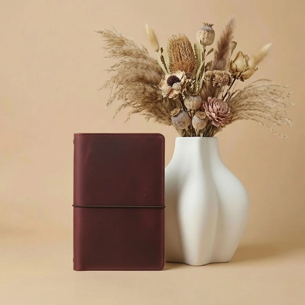 Brown leather notebook next to a white vase with dried flowers on a beige background