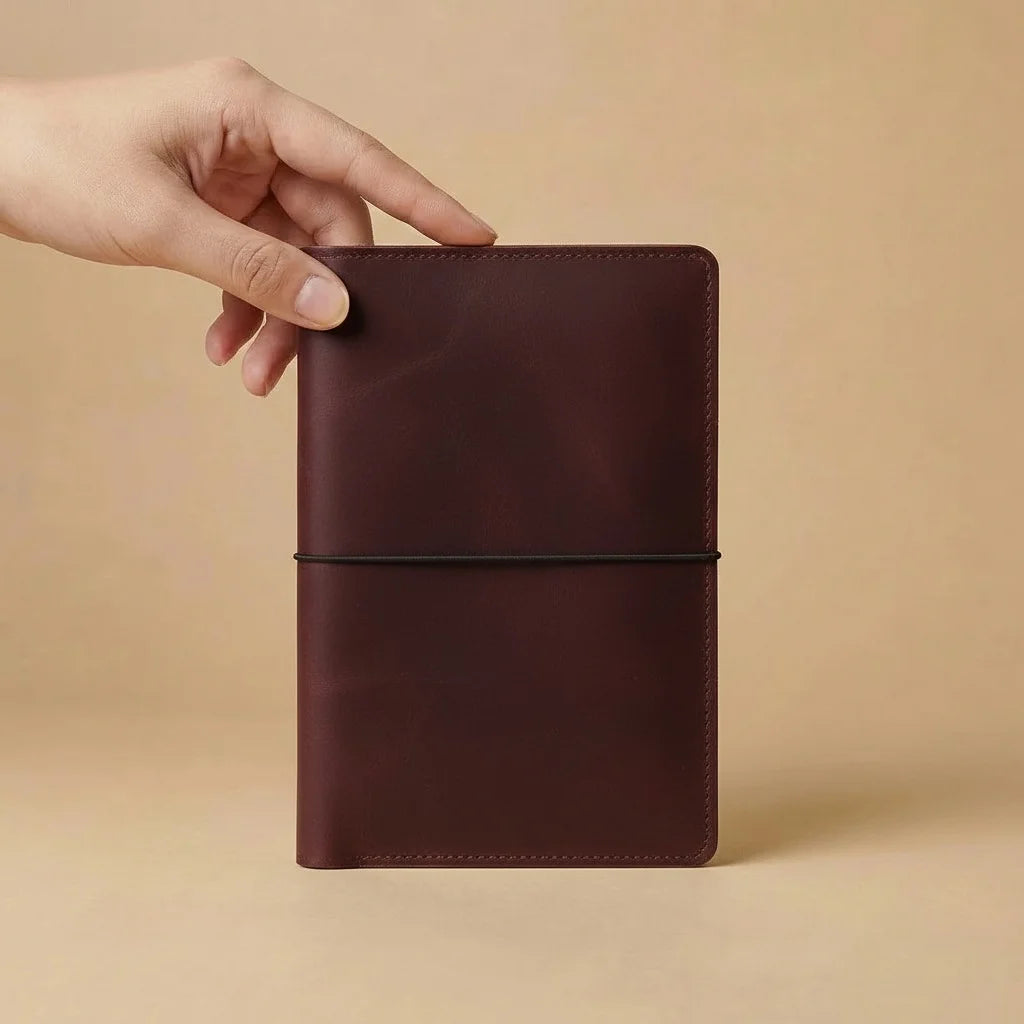 Brown leather notebook held by a hand against a beige background