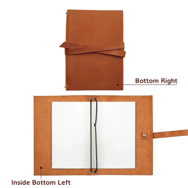 Brown leather journal shown from top and bottom perspectives on a white background