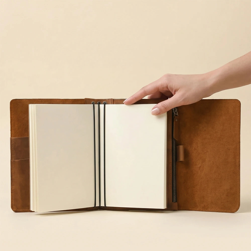 Handmade refillable leather cover with pen loop and inner organization.