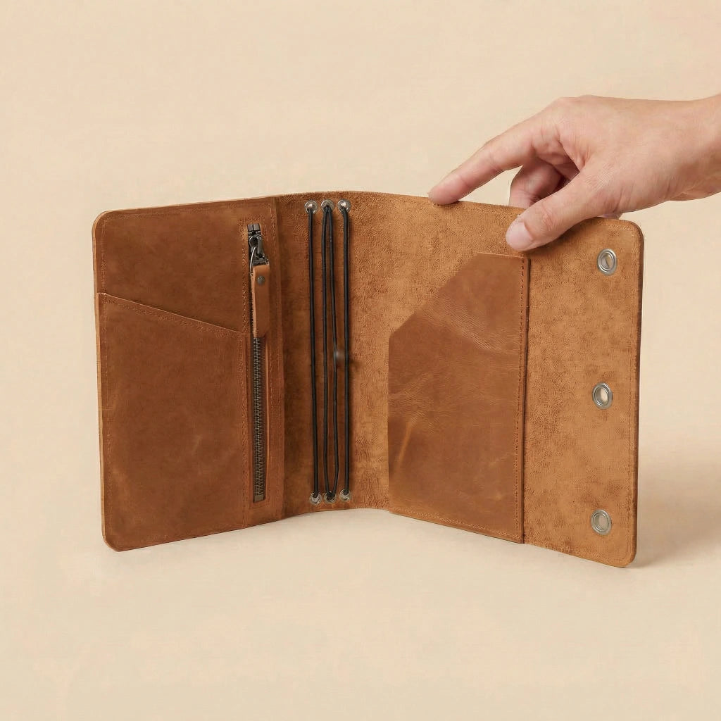 Brown leather journal cover with zippers held open by a hand on a beige background